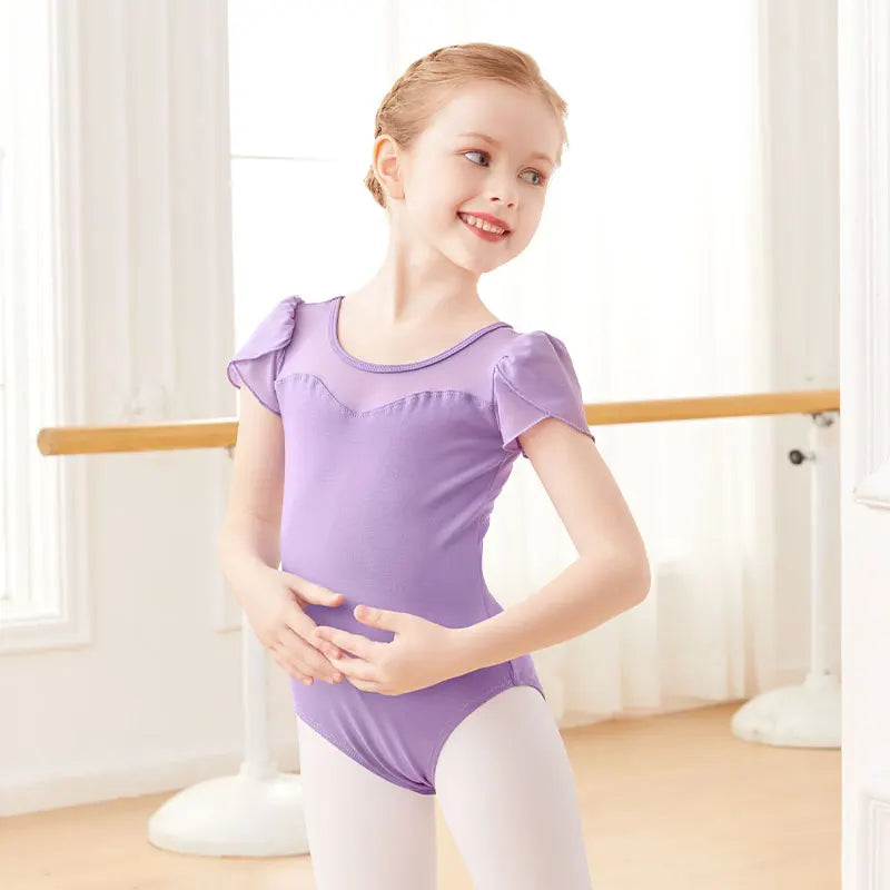 Elastischer Ballett-Body für Mädchen – kurzärmlig, Schleifendetail am Rücken, Baumwoll-Elasthan, für Tanzunterricht