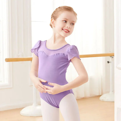 Elastischer Ballett-Body für Mädchen – kurzärmlig, Schleifendetail am Rücken, Baumwoll-Elasthan, für Tanzunterricht