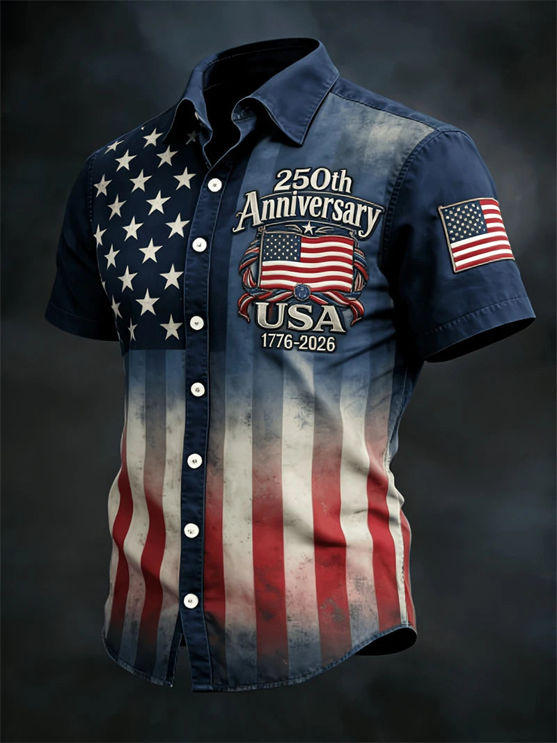 Soft Men's Hawaiian Shirt - Casual Short-Sleeve, 250th Anniversary USA Flag Design, Fourth Of July