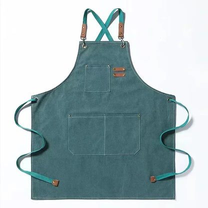 Grembiule da chef in tela con spallacci incrociati, grembiule da lavoro con rifiniture in pelle e tasche Autunno 2025 resistente per barbecue e officina