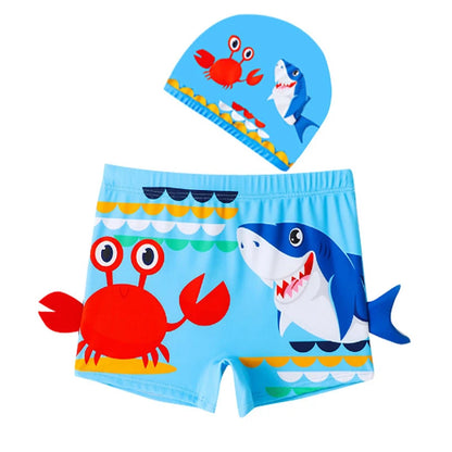 Quick-dry boys' swim shorts - cartoon crab and shark print 2pc set, polyester, for swimming and beach days