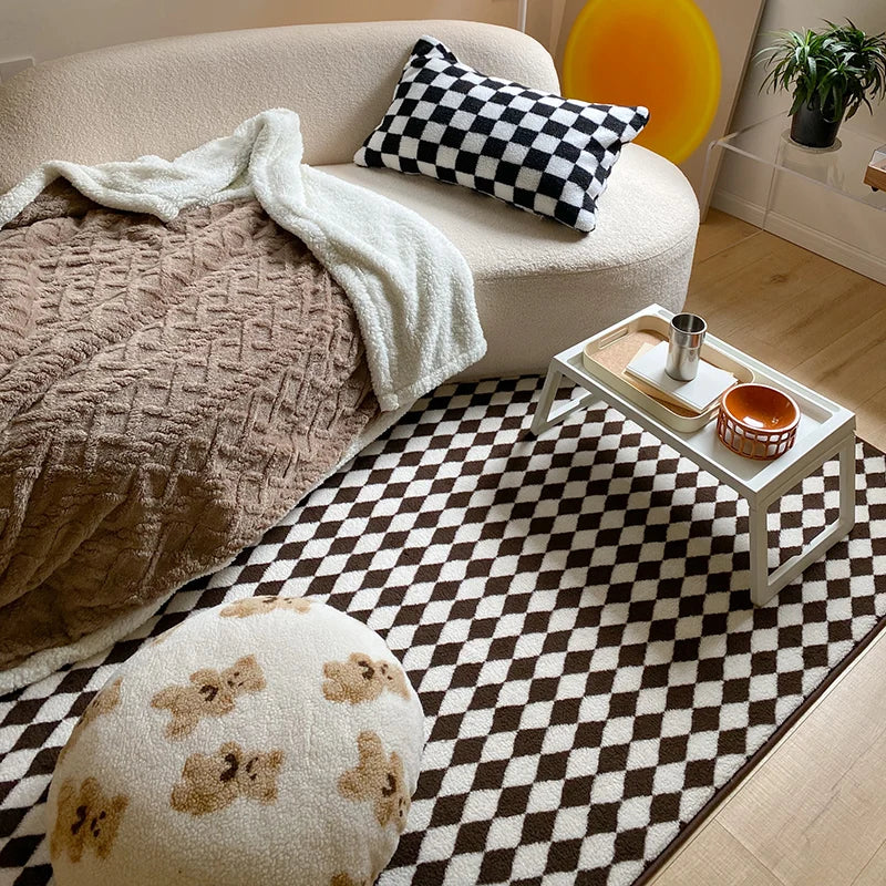 Checkerboard Plush Area Rug Japanese Style Minimalist