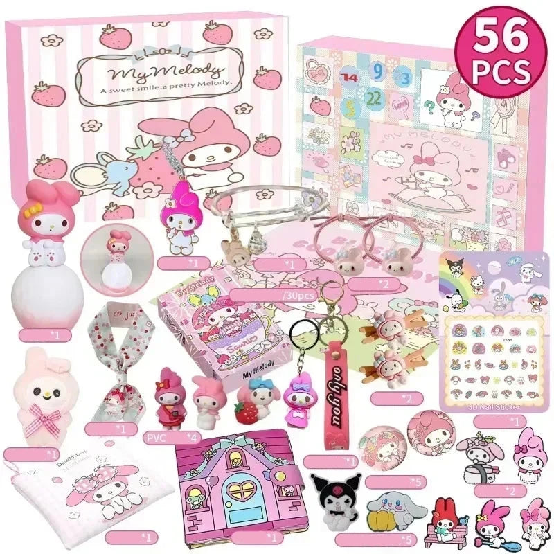 Kawaii Sanrio Hello Kitty Kuromi Christmas Advent Calendar - 24 Random Figure Keychains for Kids' Holiday Fun