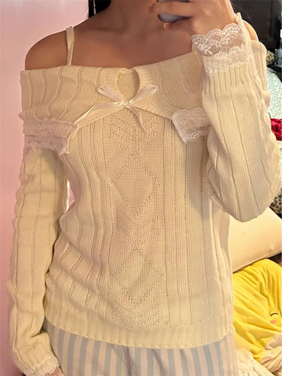 Fitted Womens Off Shoulder Sweater - Ribbed Lace Trim