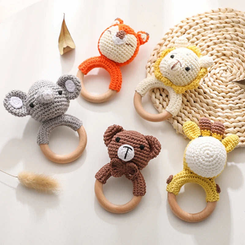 Wooden Crochet Animal Teether Rattle Newborn Sensory Toys