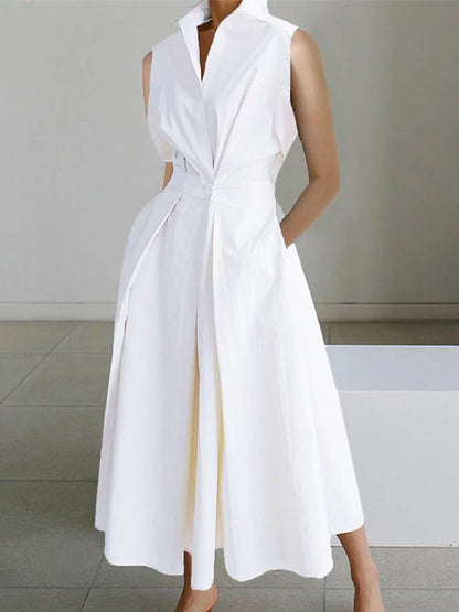 Elegant White Dress with Shirt Collar, Versatile Women's Dress for Formal and Casual Occasions-1
