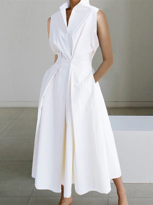 Elegant White Dress with Shirt Collar, Versatile Women's Dress for Formal and Casual Occasions-1