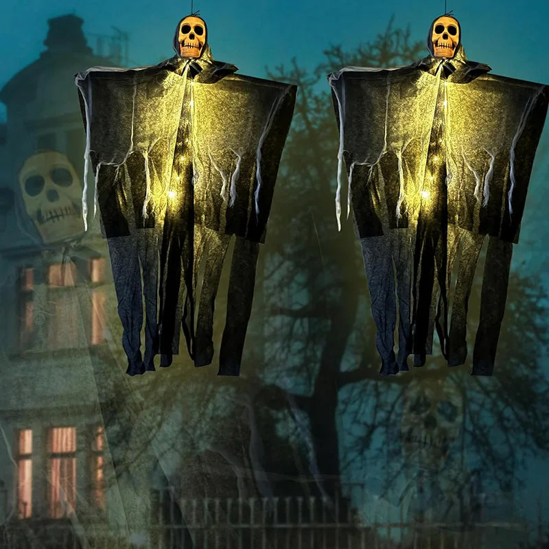 Oplichtende schedel, skelet en gaas met hangende geest voor Halloween, griezelige decoratie voor huis, tuin en buiten 2026