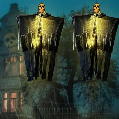 Oplichtende schedel, skelet en gaas met hangende geest voor Halloween, griezelige decoratie voor huis, tuin en buiten 2026