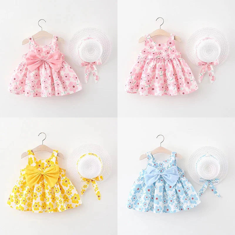 Soft baby girls dress - sleeveless, floral bow-embellished, cotton-polyester blend, for summer outings