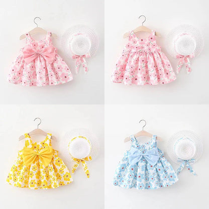 Soft baby girls dress - sleeveless, floral bow-embellished, cotton-polyester blend, for summer outings