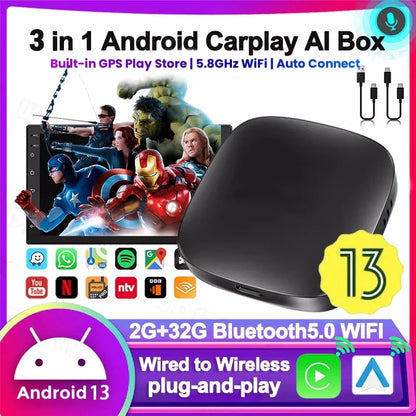 Android CarPlay Box 3 i 1 AI biladapter med Netflix YouTube 5G WiFi efterår 2025 bilunderholdning