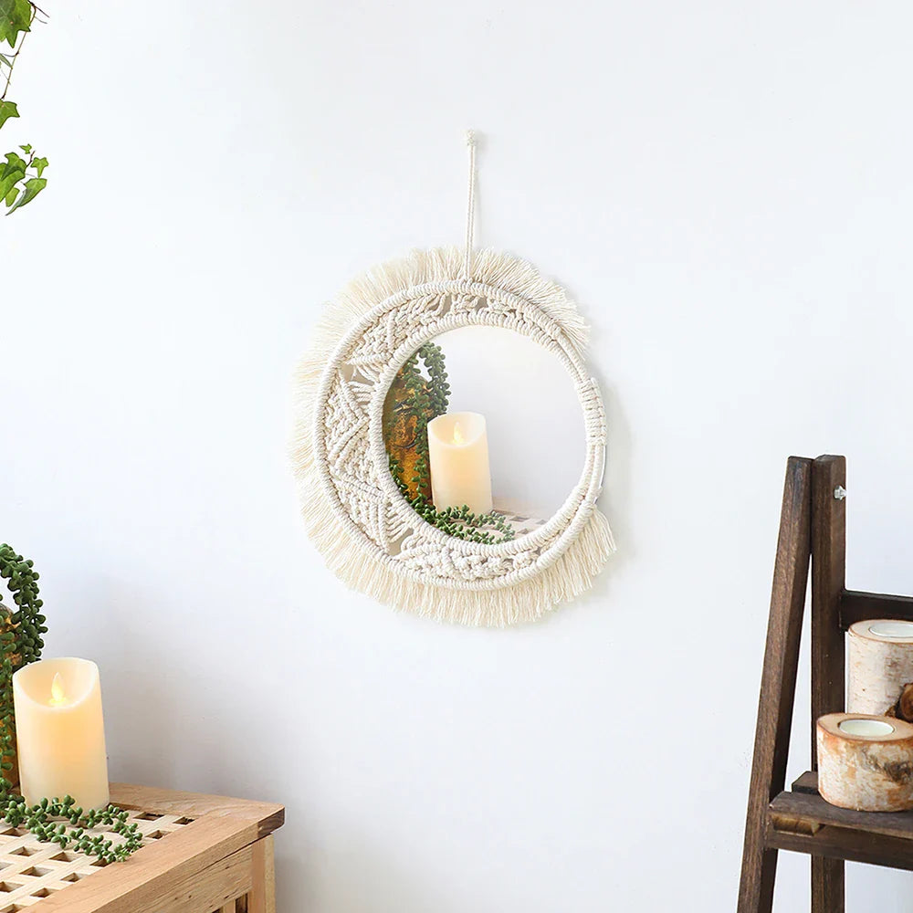 Set di Specchi Macramè con Frangia in Cotone Specchi da Parete Boho Appendibili Autunno 2025 Decorazione Accogliente per Cameretta Regalo per la Casa