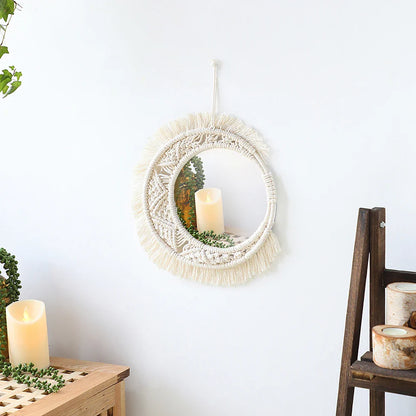 Set di Specchi Macramè con Frangia in Cotone Specchi da Parete Boho Appendibili Autunno 2025 Decorazione Accogliente per Cameretta Regalo per la Casa