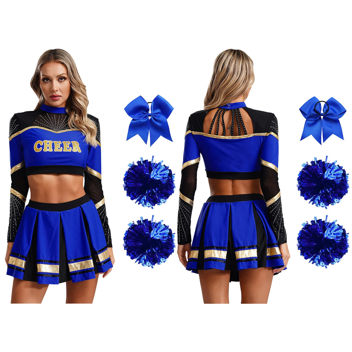 Cosplaykostuum voor cheerleaderoptredens voor vrouwen, crop-top met lange mouwen en geplooide rok met pompons 2026