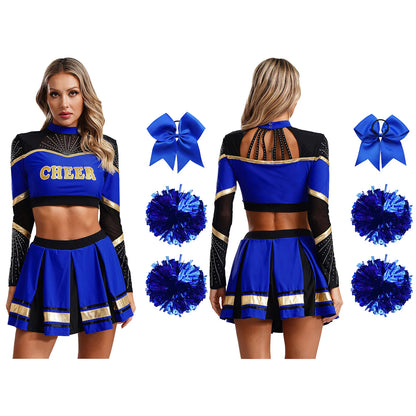 Cosplaykostuum voor cheerleaderoptredens voor vrouwen, crop-top met lange mouwen en geplooide rok met pompons 2026