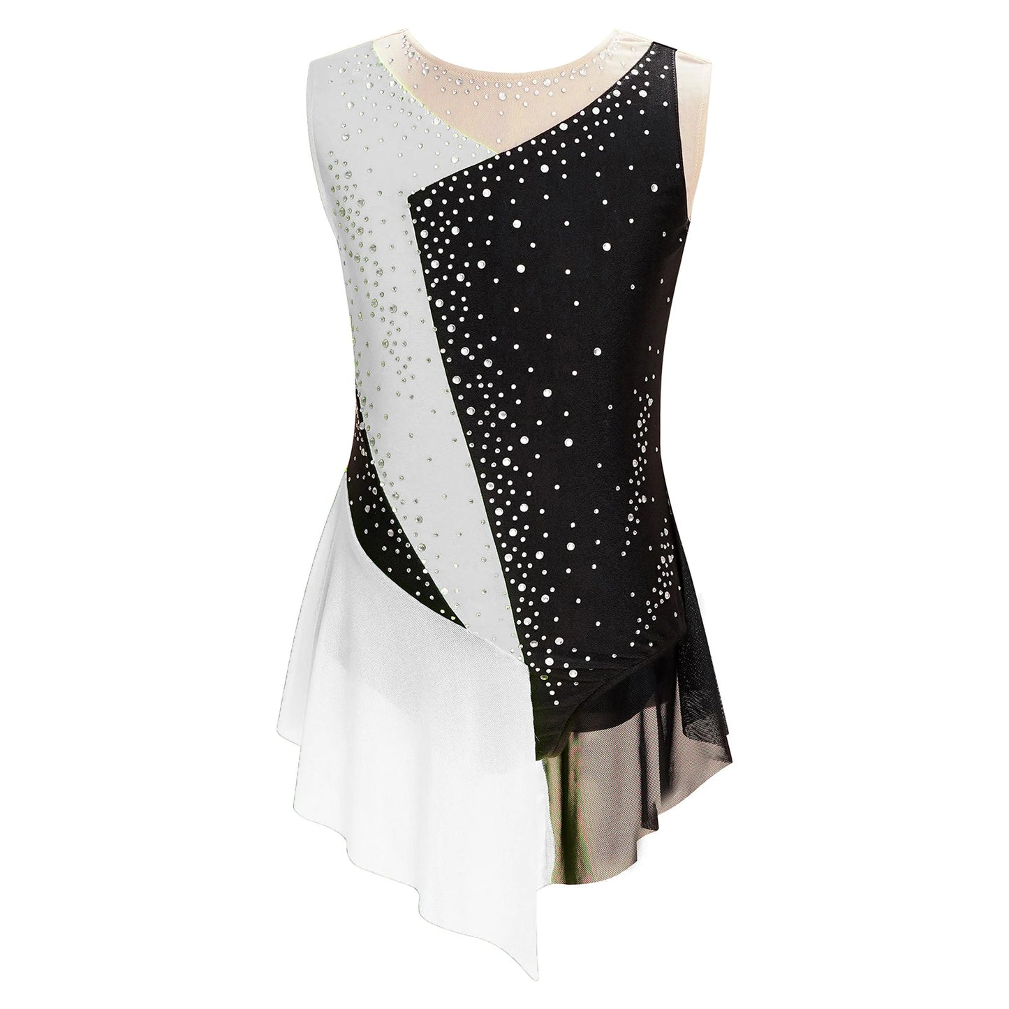 Stretchy Flattering Girls' Dance Leotard - Sleeveless Rhinestone Mesh Top, Polyester, Nylon, Elastane, For Competition