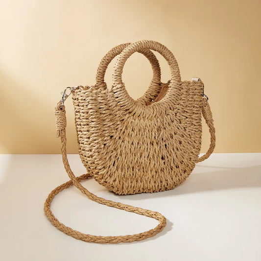 Stråtaske naturlig håndvævet halvmåne strandtaske crossbody taske stor kapacitet sommer 2026 ferie tilbehør