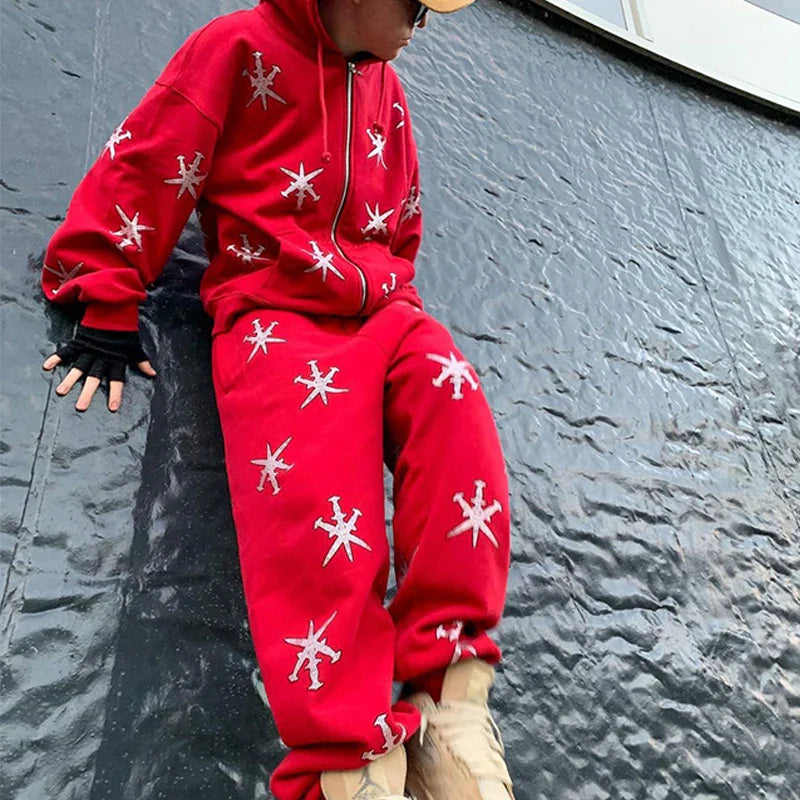 Overdimensjonert herre hettejakke med glidelås - Rhinestone skjelett, bomull