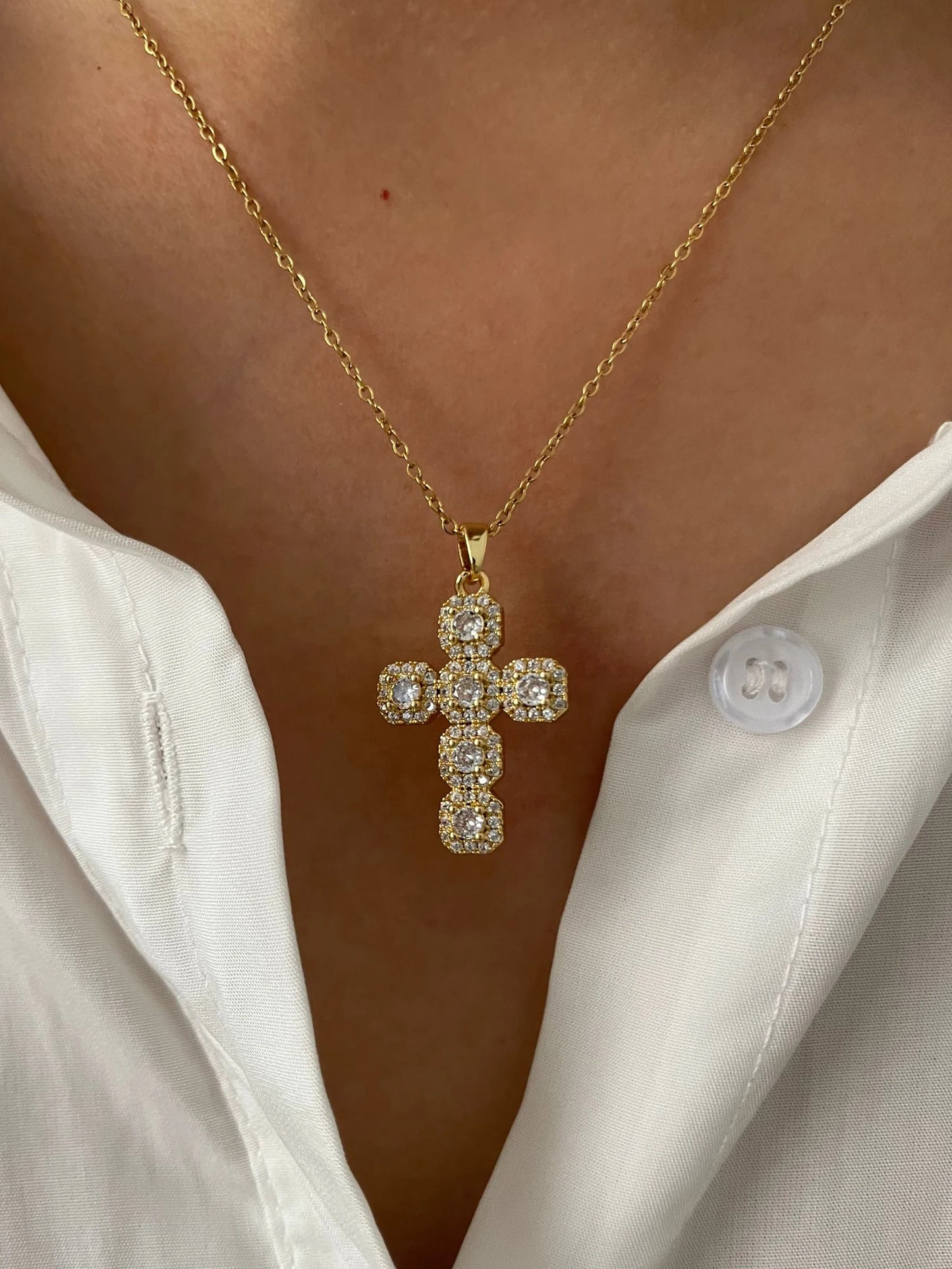 Cross Pendant Necklace Gold Tone - Cubic Zirconia Jewelry, Stainless Steel Chain, Fall 2026 Gift Idea