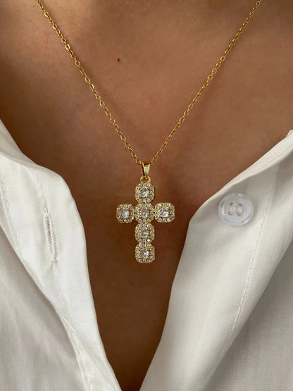 Cross Pendant Necklace Gold Tone - Cubic Zirconia Jewelry, Stainless Steel Chain, Fall 2026 Gift Idea