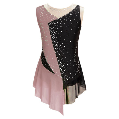 Stretchy Flattering Girls' Dance Leotard - Sleeveless Rhinestone Mesh Top, Polyester, Nylon, Elastane, For Competition