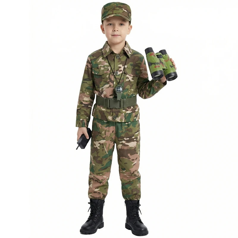Kostumesæt til børnesoldat med camouflage, pistol, kompas og fløjte til Halloween 2026