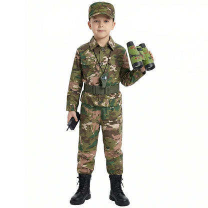 Kostumesæt til børnesoldat med camouflage, pistol, kompas og fløjte til Halloween 2026
