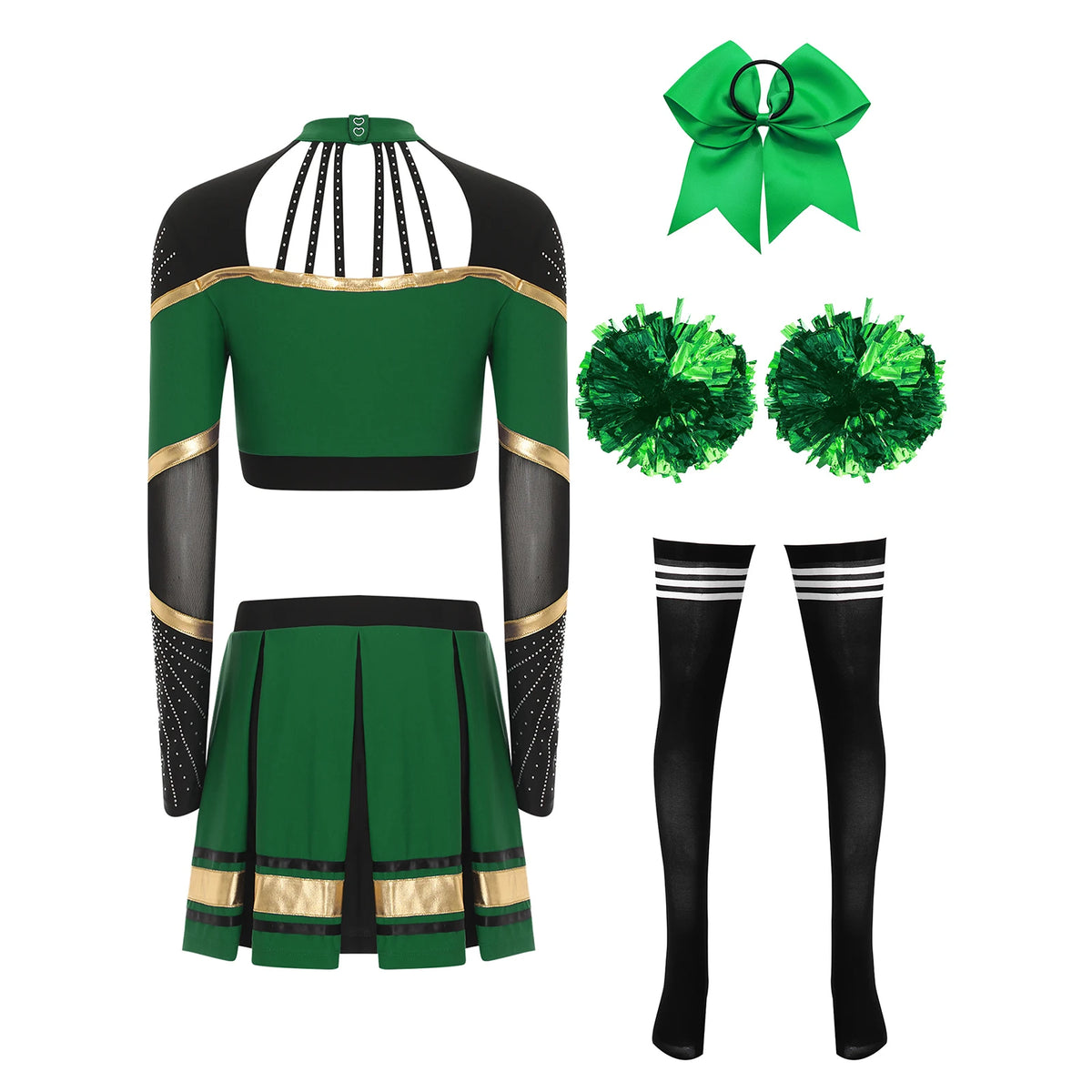 Cosplaykostuum voor cheerleaderoptredens voor vrouwen, crop-top met lange mouwen en geplooide rok met pompons 2026