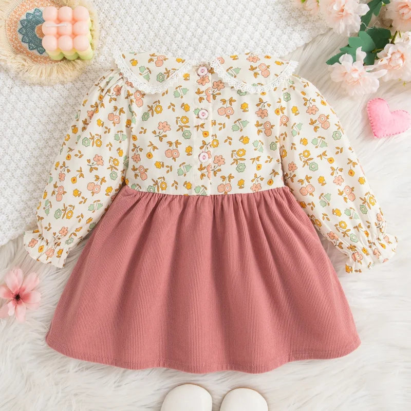 Weiches Baby-Mädchenkleid – langärmlig mit Blumenmuster, Polyester, für klassische Frühjahrs- und Herbstbekleidung