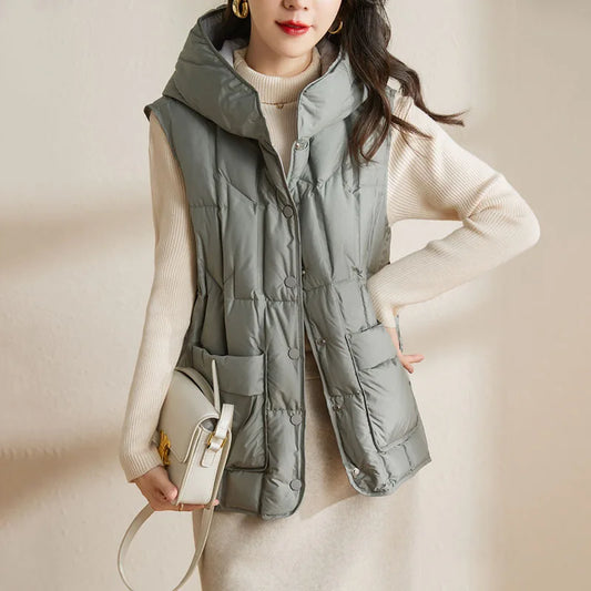 Lightweight Women’s Hooded Down Vest - Quilted Midlength