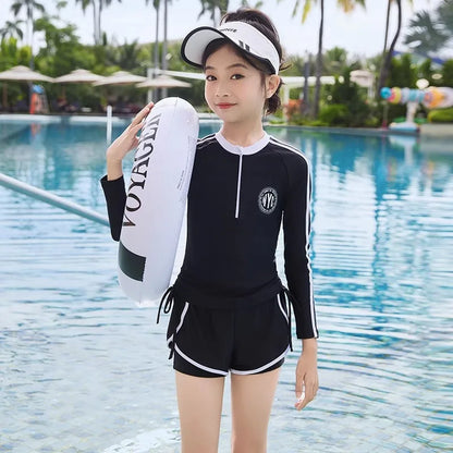 Quick-dry girls' two-piece swimsuit - zip-front rash guard top, nylon, for beach and pool