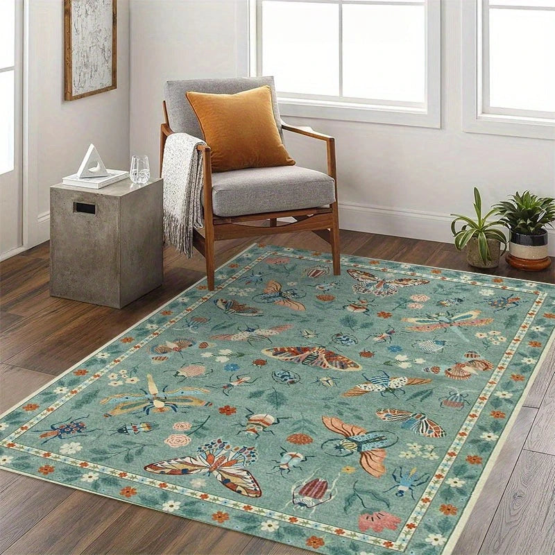 Insect Print Area Rug Teal Washable Non Slip Living Room