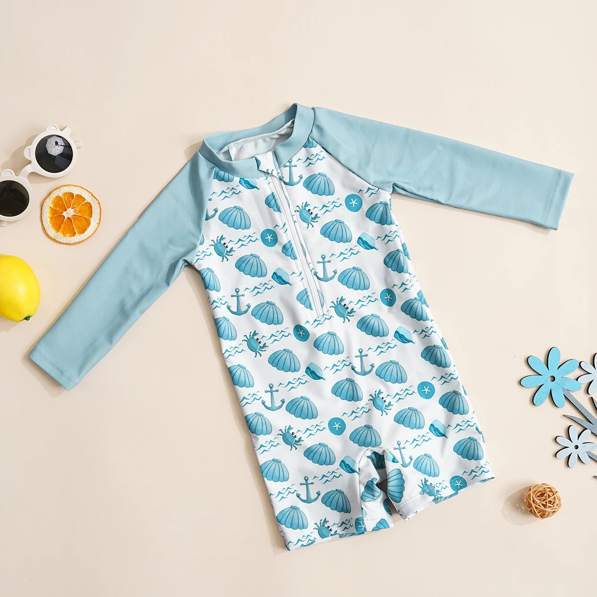 Soft Unisex Baby One-Piece Swimsuit - Zip-Front, Long-Sleeve, Print Pattern, Polyester, Summer Beachwear