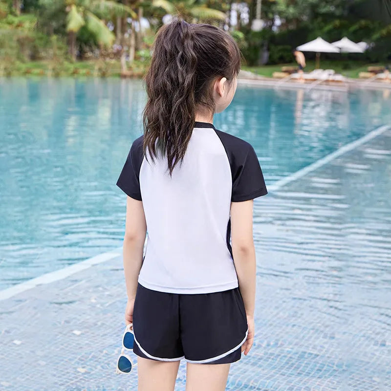 Quick-dry girls' two-piece swimsuit - zip-front rash guard top, nylon, for beach and pool