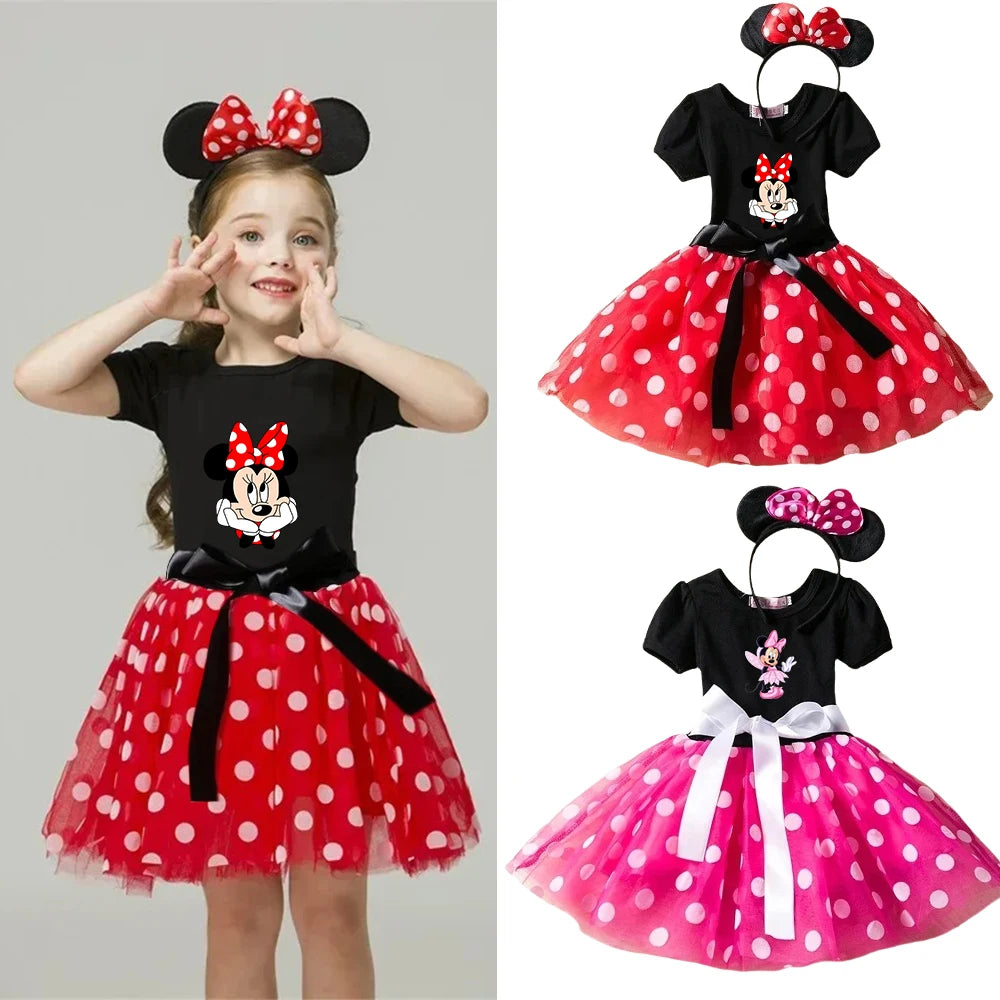 Leichtes Mädchenkleid mit Minnie-Maus-Motiv – knielanger Tupfen-Tutu, Baumwoll-Polyester-Voile, Geburtstagsfeier