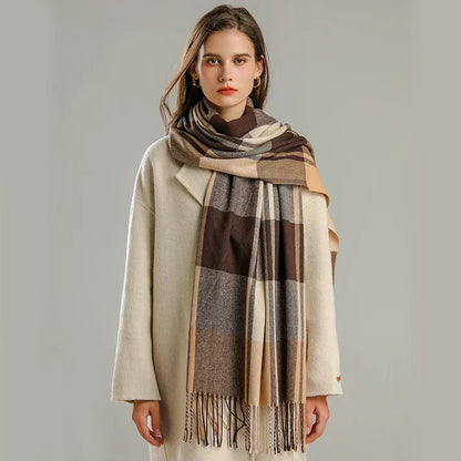 Oversized Women’s Check Scarf - Soft Wool, Fringed Winter