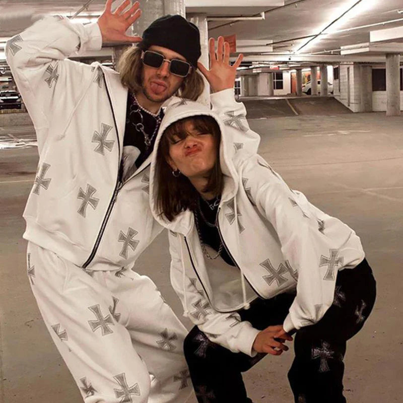 Overdimensjonert herre hettejakke med glidelås - Rhinestone skjelett, bomull