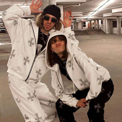 Overdimensjonert herre hettejakke med glidelås - Rhinestone skjelett, bomull