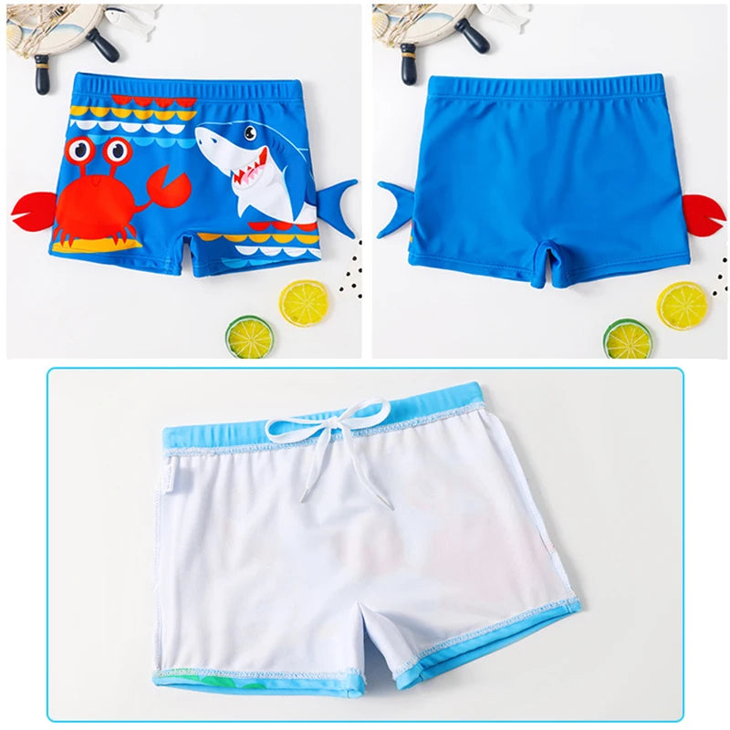 Quick-dry boys' swim shorts - cartoon crab and shark print 2pc set, polyester, for swimming and beach days