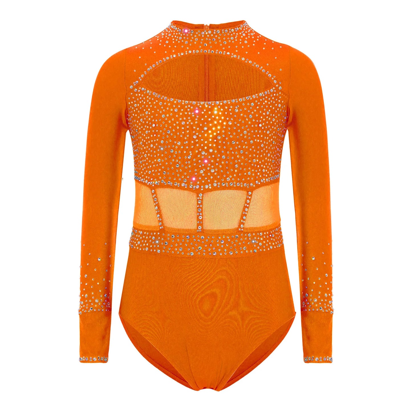 Strækbar pige dragt - flatterende, rhinsten-detaljeret, langærmet, mesh-panel, polyester elastan, til gymnastik