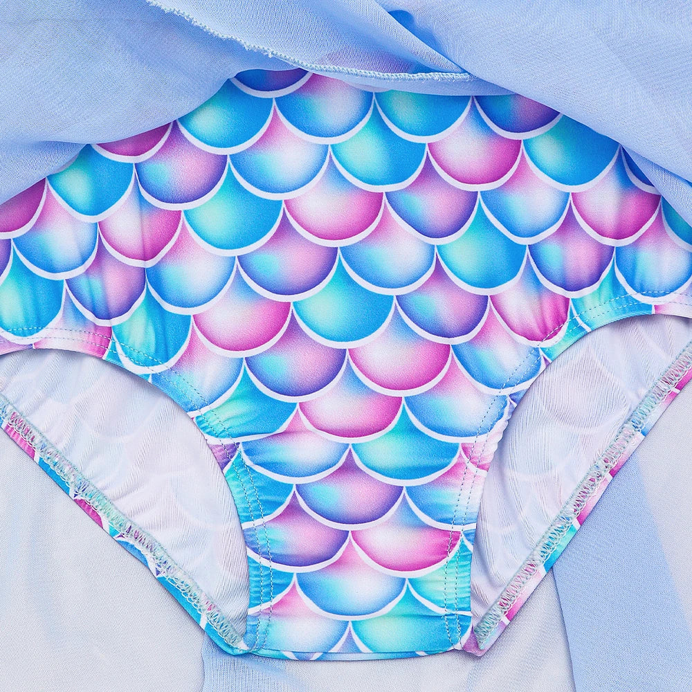 Quick-Dry Durable Girls' One-Piece Swimsuit – Mermaid-Scale Print, Ruffle Sleeves, Tulle, Polyester Elastane, Beach