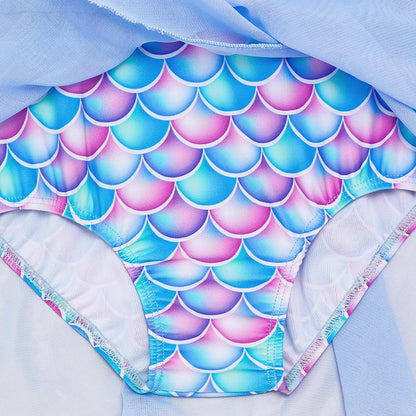 Quick-Dry Durable Girls' One-Piece Swimsuit – Mermaid-Scale Print, Ruffle Sleeves, Tulle, Polyester Elastane, Beach