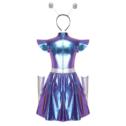 Zilverkleurige metallic astronauten-alien-tutu-jurk voor vrouwen, cosplayruimtecadetromper, Halloweenfeestjurk 2026