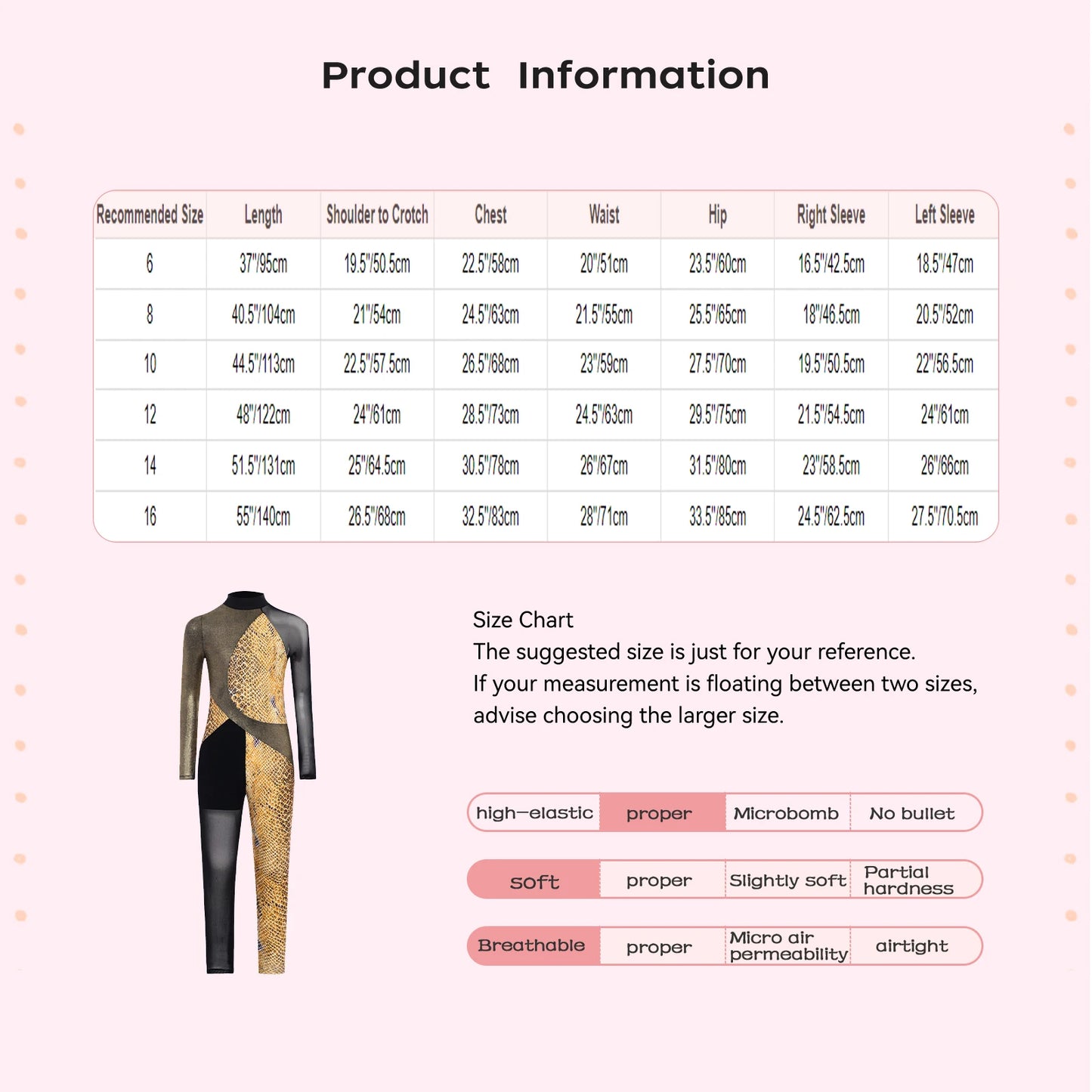 Stretchy Girls Unitard – Long Sleeve, Snakeskin, Polyester, Nylon, Elastane, For Ballet, Rhythmic Gymnastics