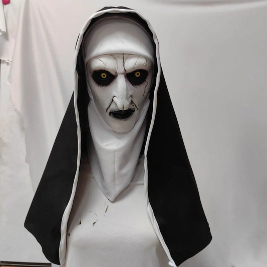 Skræmmende halloween-cosplaymaske til nonne med fuldt ansigt, nylon, spøgelseshovedbeklædning til hjemsøgt hus, festrekvisit 2026