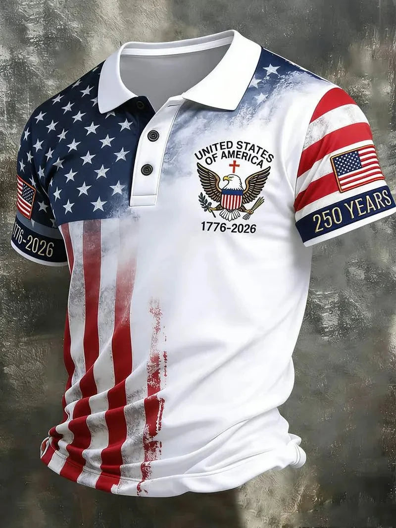 Breathable men's polo shirt – flag-printed USA 250th anniversary design, Fourth of July casual wear