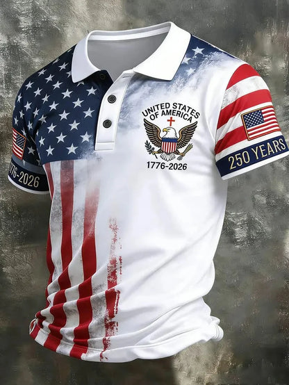 Breathable men's polo shirt – flag-printed USA 250th anniversary design, Fourth of July casual wear