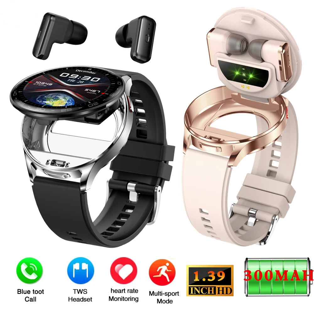 Smartwatch med TWS-øretelefoner, 1,39-tommer touchskærm, pulsmåler, multisport-tilstand, 300mAh batteri efterår 2026
