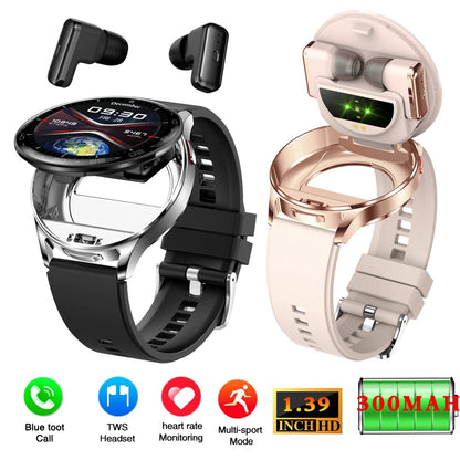 Smartwatch med TWS-øretelefoner, 1,39-tommer touchskærm, pulsmåler, multisport-tilstand, 300mAh batteri efterår 2026